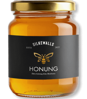 Silkewalls honungsburk En honungsburk med svart etikett med logotypen "silkewalls honung"